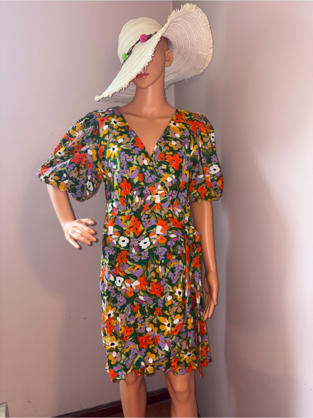 Petal & Pup Green Floral Wrap Dress with Orange & Purple Accents